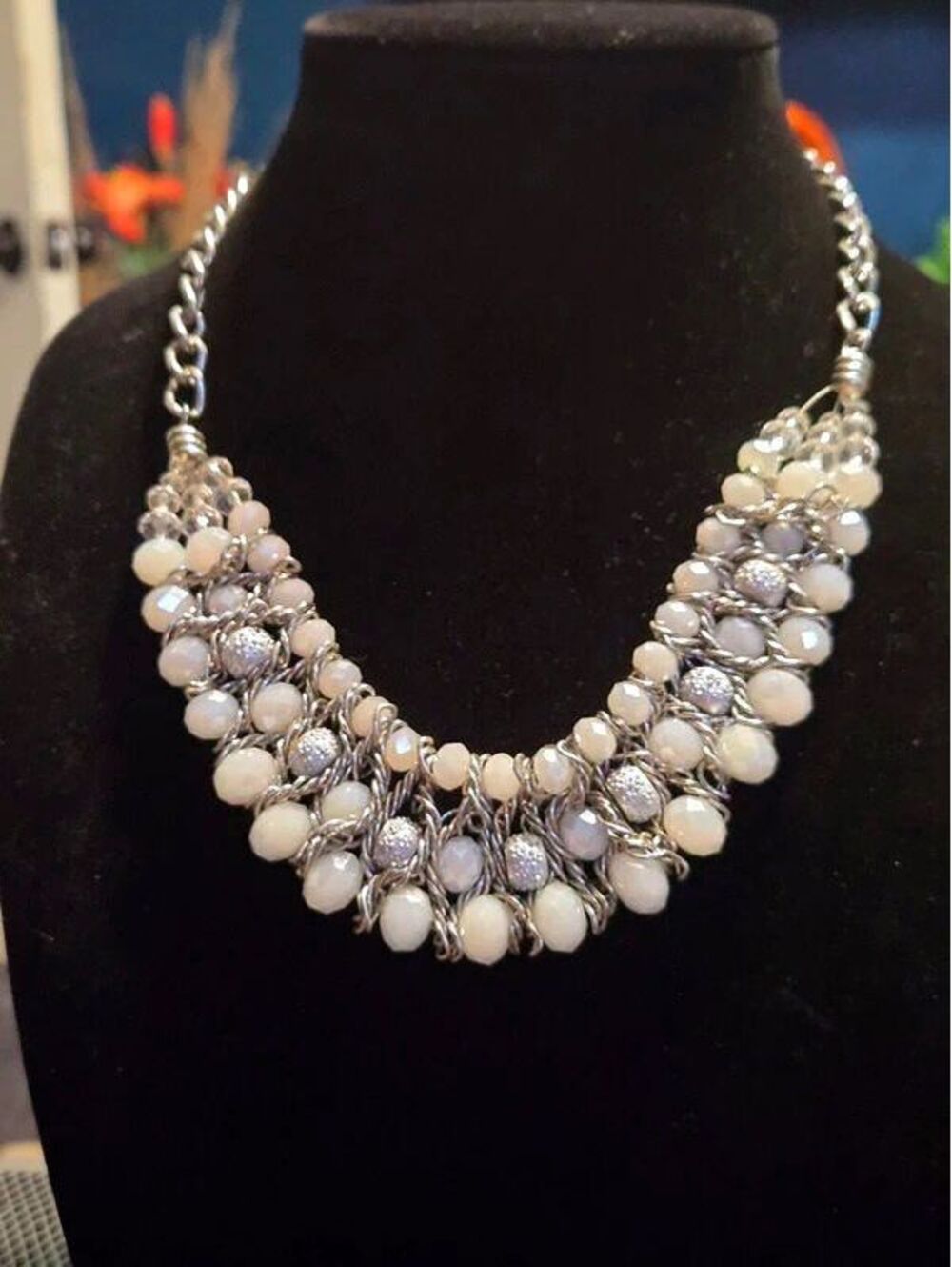 Multi-Strand White Faceted Glass Bead Statement Bib Necklace